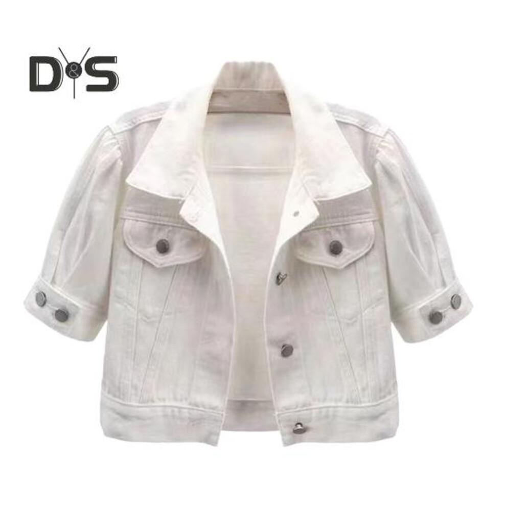 (white, XXL) Women's Cropped Denim Jacket Short Sleeve Jean Jacket Lapel Button Down Trucker Coat Summer Casual White Thin Top