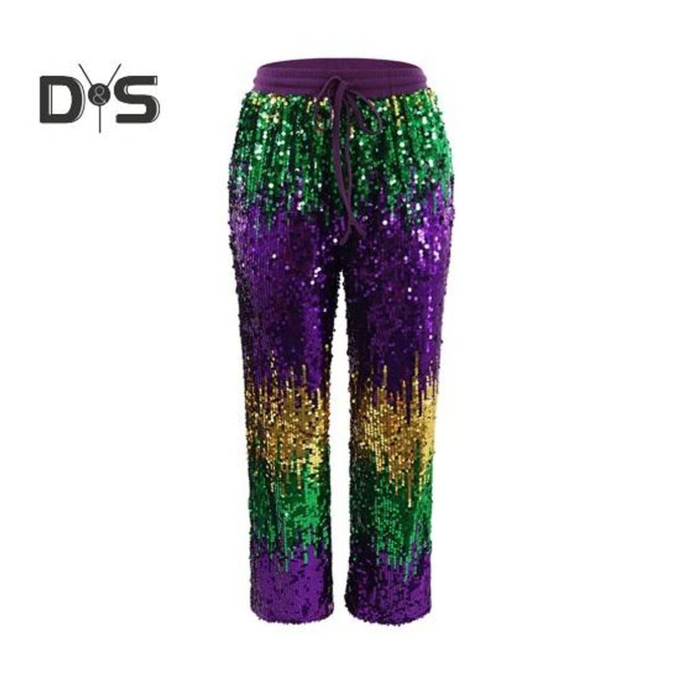 (purple, S) Women Pants Elastic Waist Adjustable Drawstring Straight Wide Leg Trousers Shiny Sequins Pants Vacation Work Daily Wear