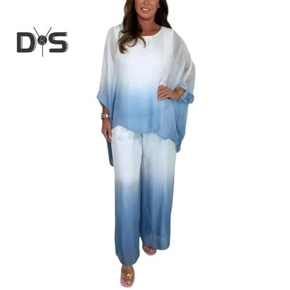 (sky blue, XL) Summer Chiffon Gradient 2 Piece Set for Women Plus Size Crew Neck Top Wide-leg Pant Set Casual Loungewear Outfit