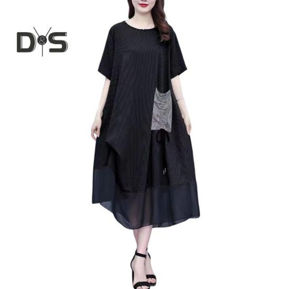 (black, L) Women's Summer Short Sleeve Midi Dress with Pocket Casual Crew Neck Mesh T-shirt Dress Beach Vacation Sundress