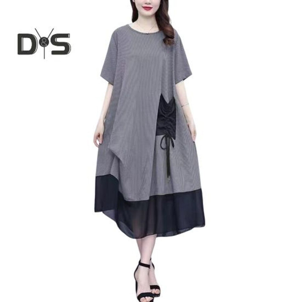 (grey, 2XL) Women's Summer Short Sleeve Midi Dress With Pocket Casual Crew Neck Mesh T-shirt Dress Beach Vacation Sundress