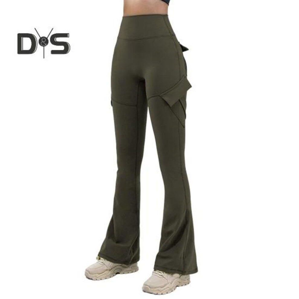 (army green, S) Women Flared Pants Elastic High Waist Wide Leg Casual Trousers With Flap Pockets Solid Color Cargo Pants Daily Wear
