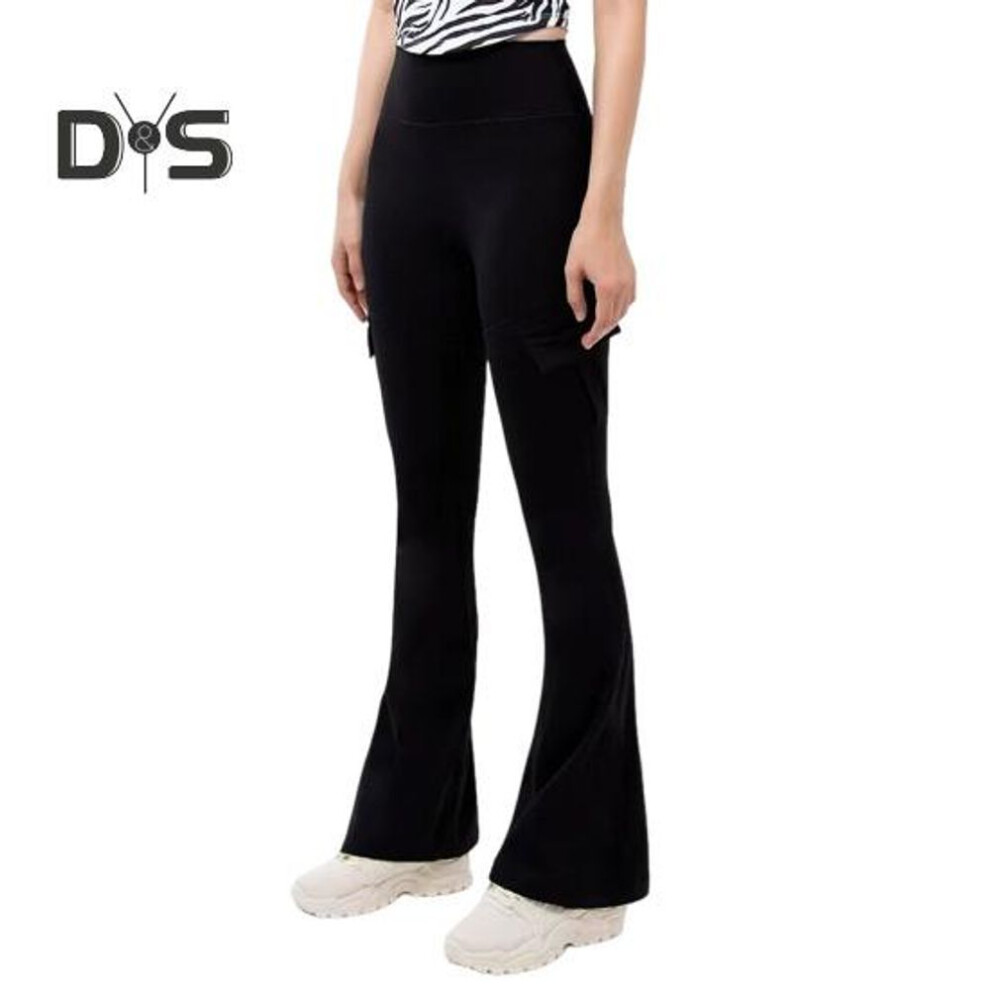 (black, L) Women Flared Pants Elastic High Waist Wide Leg Casual Trousers With Flap Pockets Solid Color Cargo Pants Daily Wear