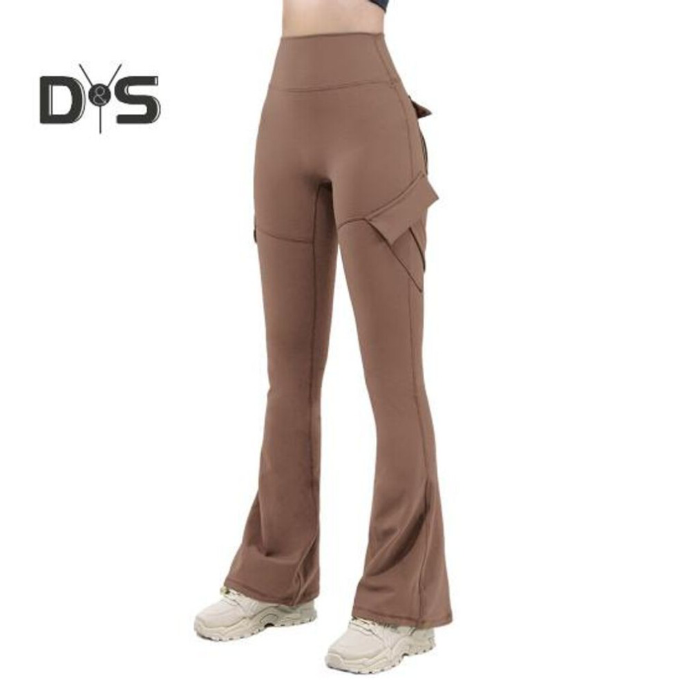 (light brown, M) Women Flared Pants Elastic High Waist Wide Leg Casual Trousers With Flap Pockets Solid Color Cargo Pants Daily Wear