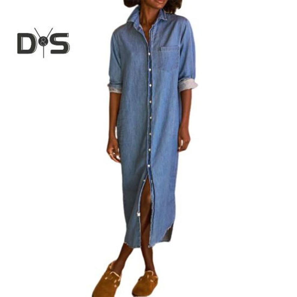 (light blue, XXL) Women's Casual Denim Shirt Dress Roll Up Long Sleeve Button Down Maxi Dress Lapel Long Shift Jean Dress
