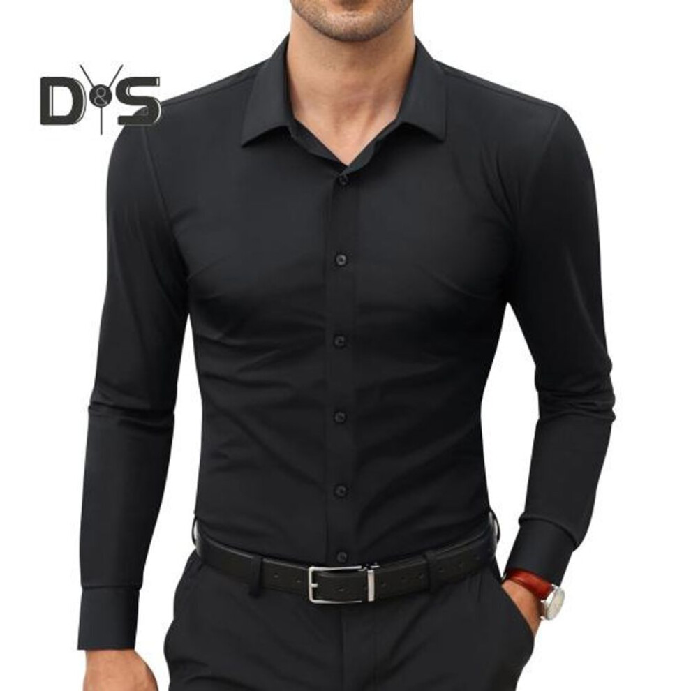 (M, black) Men's Dress Shirt Long Sleeve Lapel Button Down Shirt Solid Color Formal Business Shirt for Work Dates Interviews Weddings