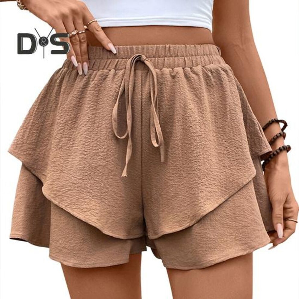 (brown, M) Women Summer Shorts Elastic High Waist Adjustable Drawstring Wide Leg Shorts Ruffled Layered Design Casual Shorts