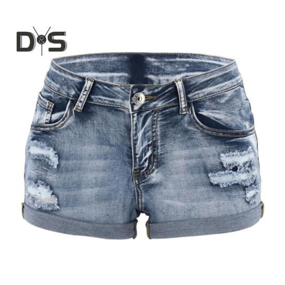 (light blue, L) Ripped Denim Shorts For Women Mid Waist Rolled Cuff Stretchy Jeans Shorts Summer Distressed Short Pants With Pockets