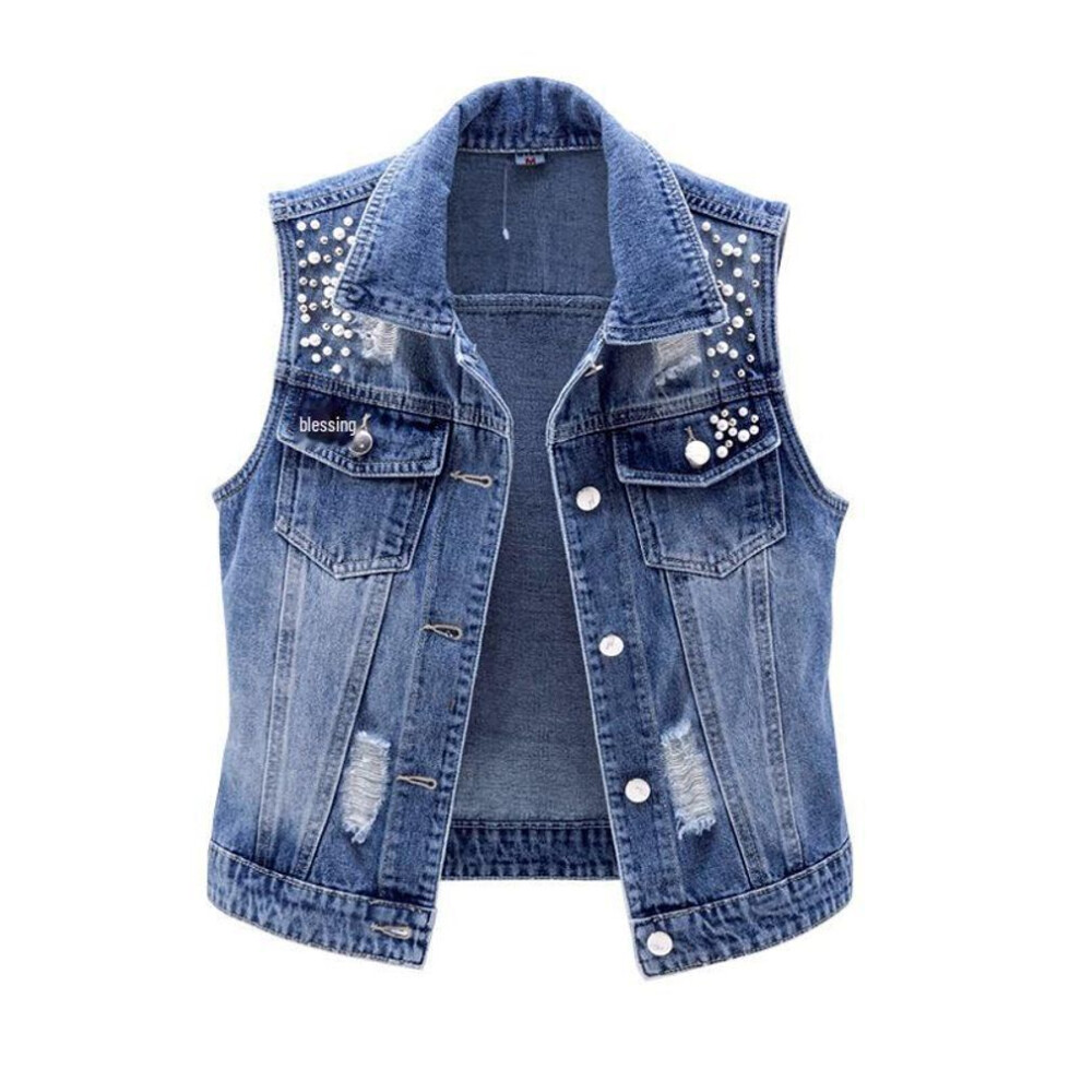 (blue, L (recommended 100-110)) Women's Washed Ripped Denim Vest: Spring/summer 2025 Beaded Sleeveless Jacket, Versatile Slim-fit Top Trend