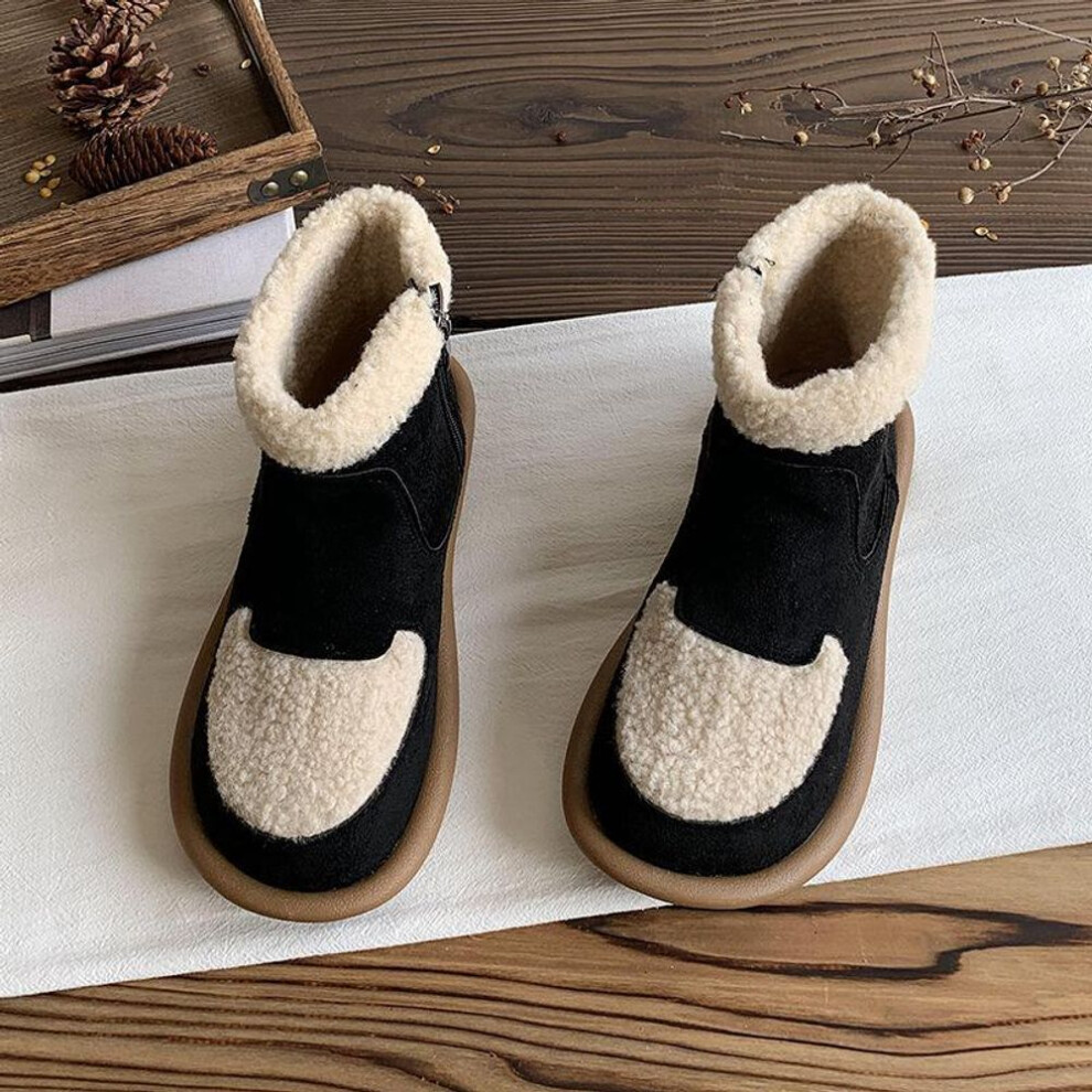 (black, 36) Non-slip snow boots suede short boots 2024 new flat-bottomed velvet cotton shoes winter warm women's shoes