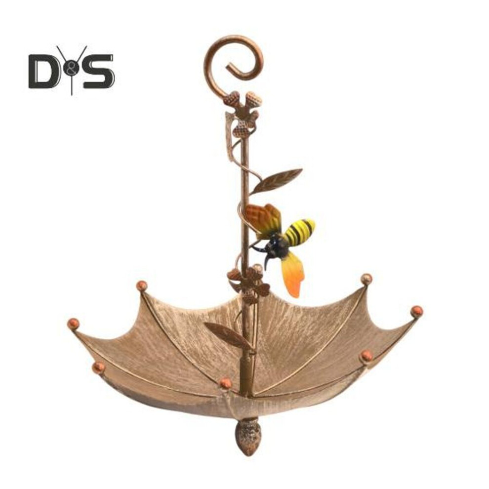 (as the picture, Honeybee) Hanging Birds Feeder for Outdoors Umbrella Shaped Birds Feeder Tray with Dragonfly/Butterfly/Honeybee Metal Wild Birds Bath for Garden Backyard Decor
