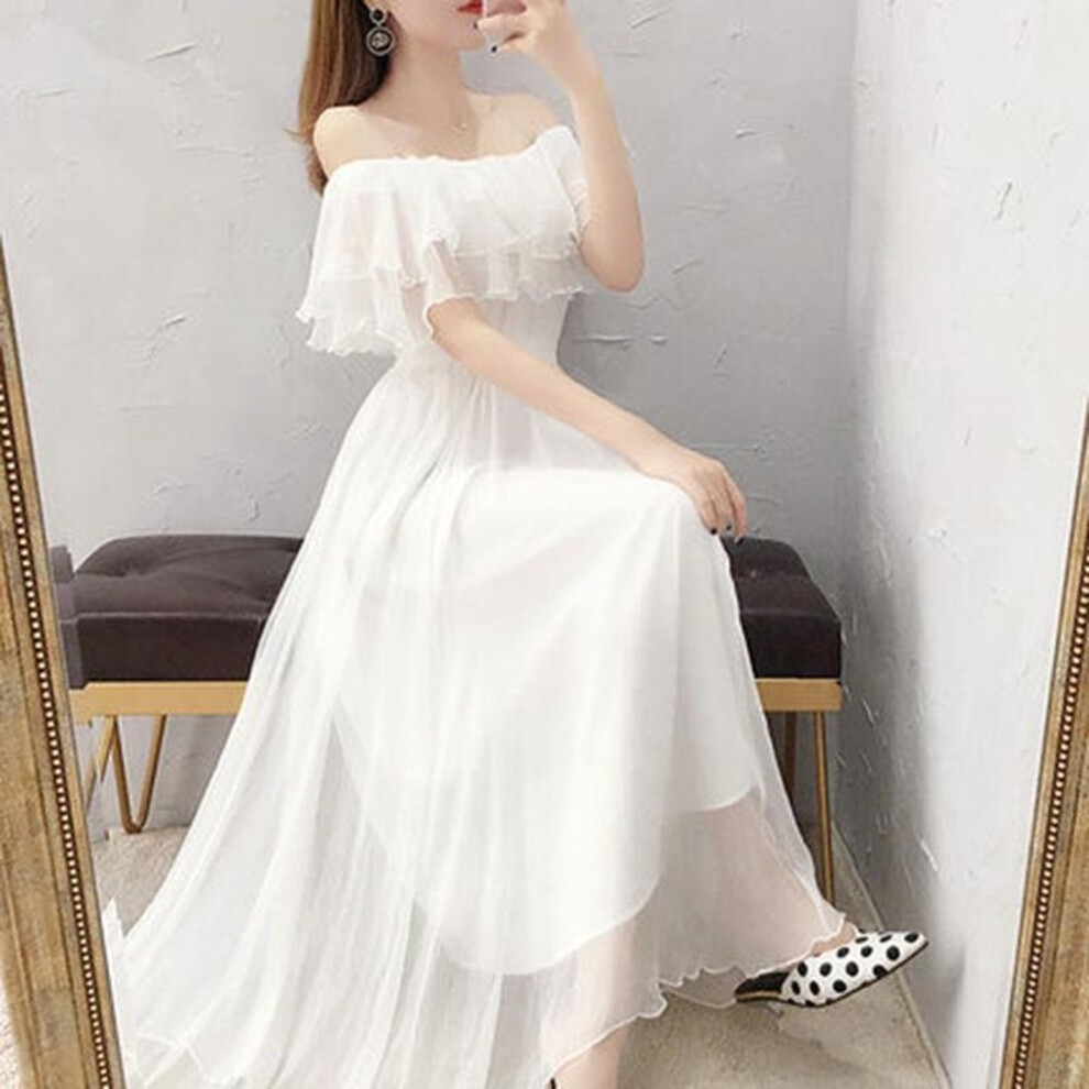 (2XL 130-145 lbs) 2024 Popular Fairy One-Shoulder White Chiffon Summer Dress for Women