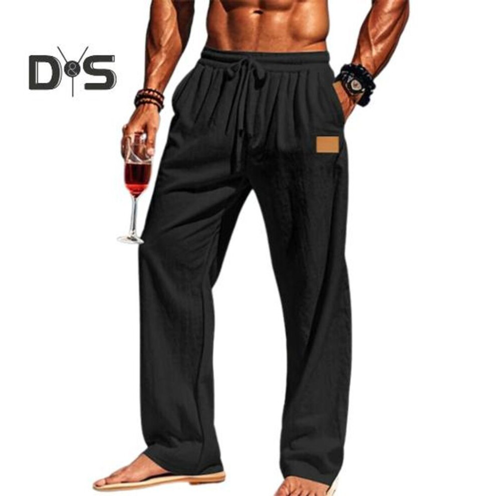(black, L) Men's Casual Trousers Loose Fit Solid Color Pants Drawstring Waist Trousers for Fitness Running Outdoor Activities