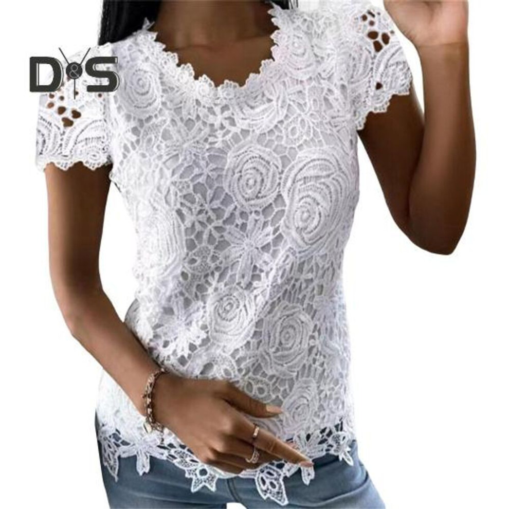 (XL, white) Women Tops O-neck Short Sleeve Solid Color Tee Shirt with Lace Splicing Solid Color Regular Fit Casual Blouse