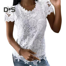 (XXXXL, white) Women Tops O-neck Short Sleeve Solid Color Tee Shirt with Lace Splicing Solid Color Regular Fit Casual Blouse
