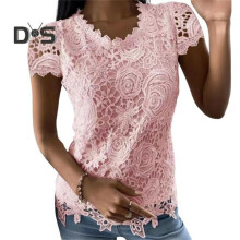 (M, pink) Women Tops O-neck Short Sleeve Solid Color Tee Shirt with Lace Splicing Solid Color Regular Fit Casual Blouse