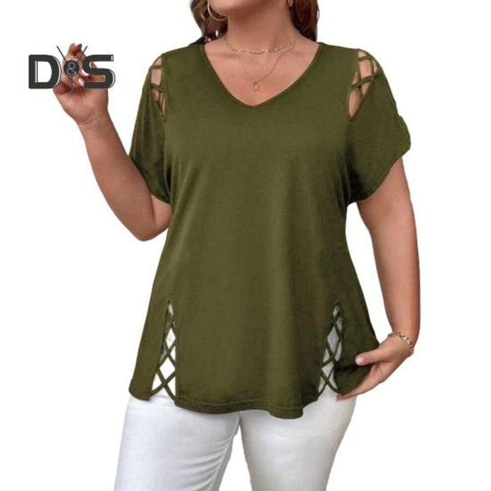 (3XL, army green) Women Summer T-shirt V-Neck Short Sleeve Solid Color Loose Fit Casual Tops with Hollow Cross-Band Design