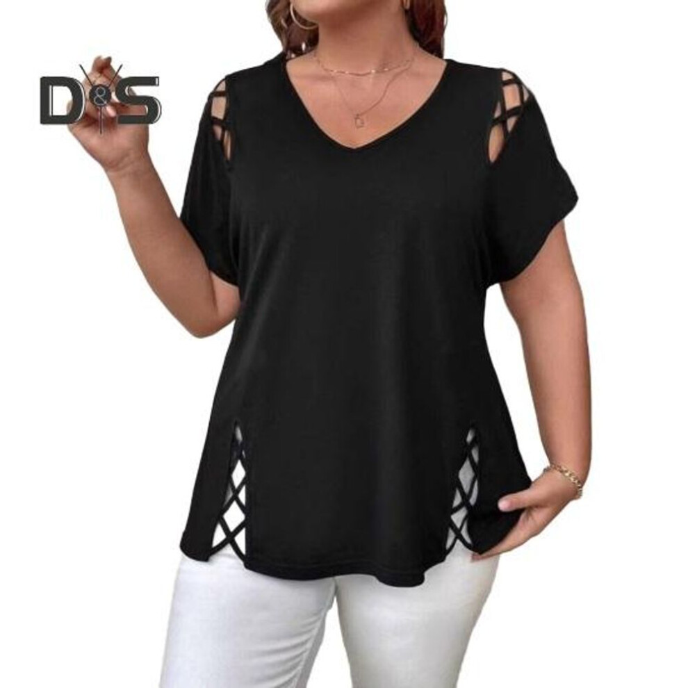 (4XL, black) Women Summer T-shirt V-Neck Short Sleeve Solid Color Loose Fit Casual Tops with Hollow Cross-Band Design