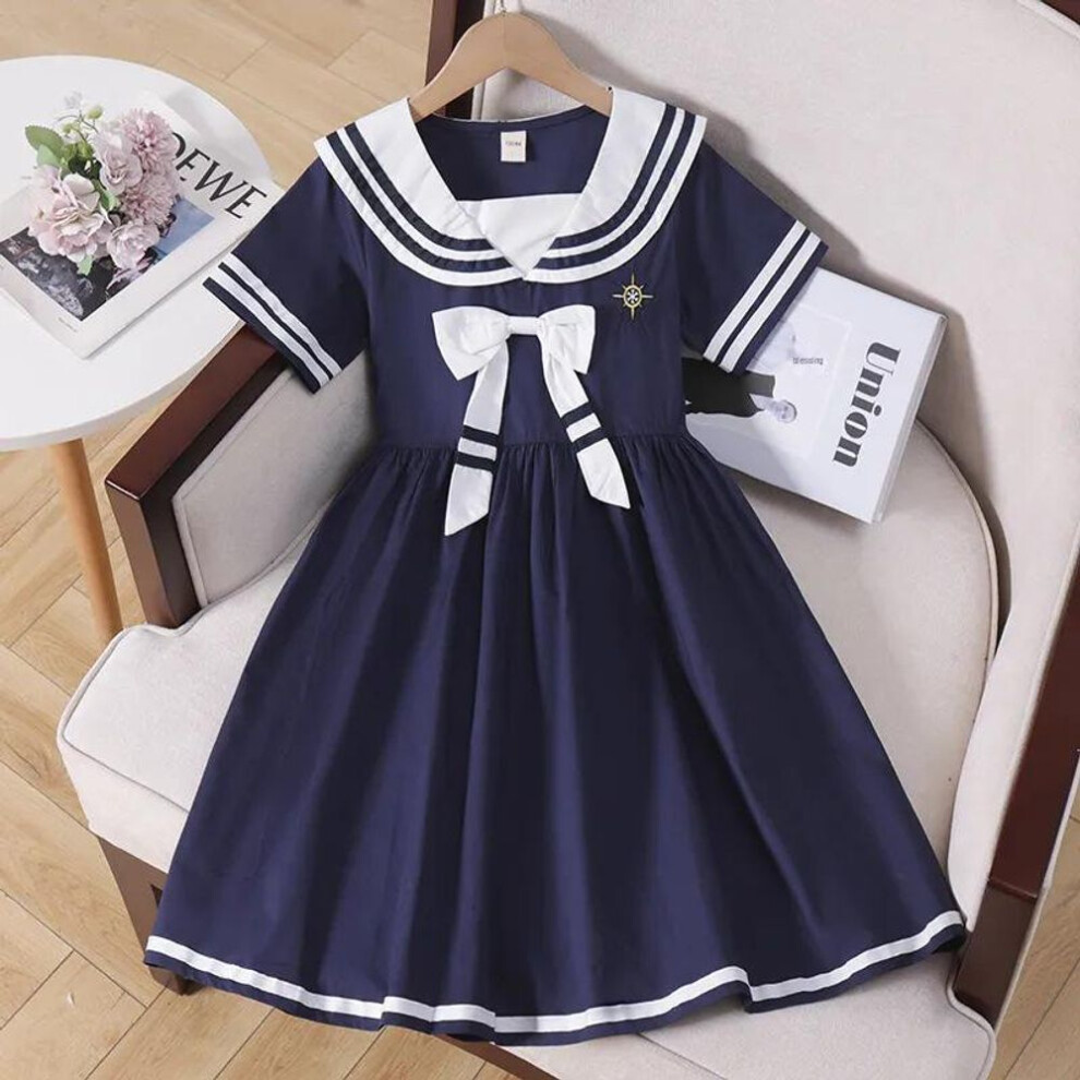 (navy blue, 120 cm) Girls' College Style Navy Collar Summer Dress - Short-sleeved, Lightweight