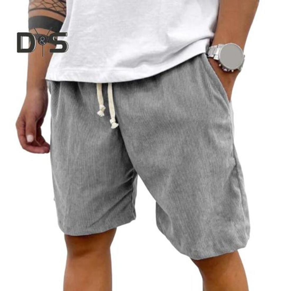 (grey, M) Men's Retro Corduroy Shorts Casual Drawstring Waist Shorts Solid Color Streetwear Shorts for Work Fitness Beach Vacation