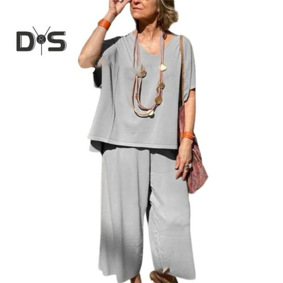(grey, XL) 2Pcs/Set Women Summer Outfit V-Neck Short Sleeve Tee Shirt Loose Fit Wide Leg Pants Set Solid Color Casual Outfit