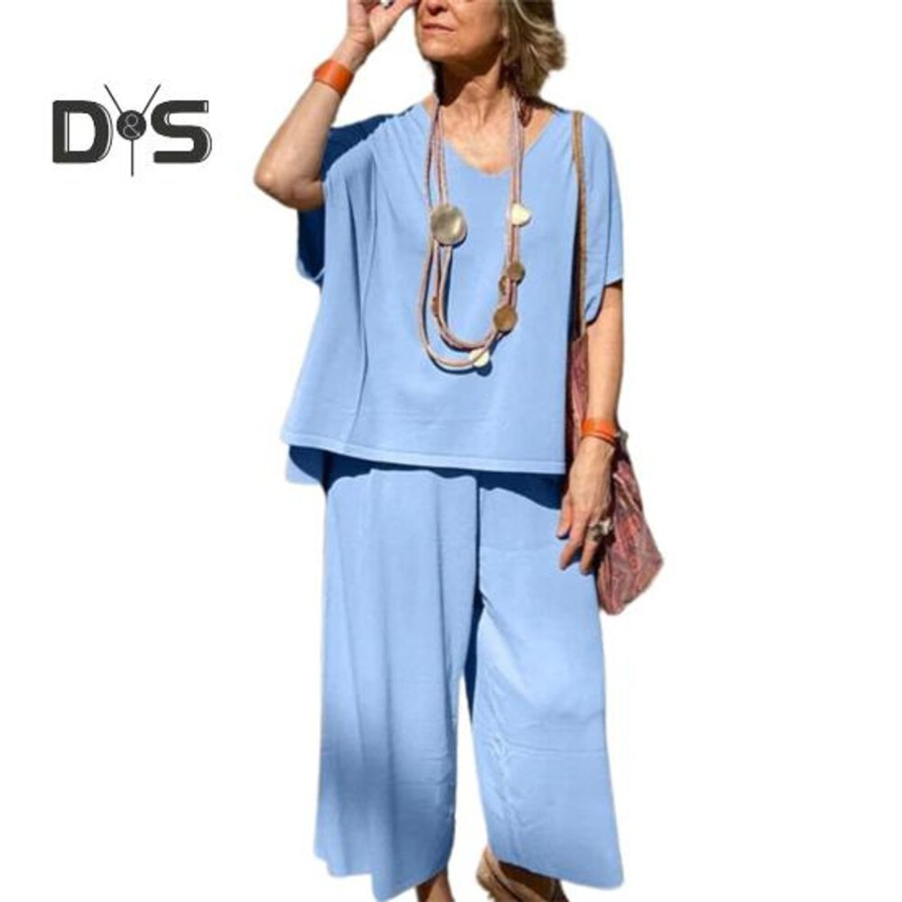 (light blue, L) 2Pcs/Set Women Summer Outfit V-Neck Short Sleeve Tee Shirt Loose Fit Wide Leg Pants Set Solid Color Casual Outfit