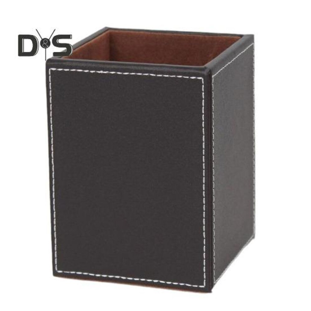 (coffee) Pen Holder White Stitching Faux Leather Desk Organizer Waterproof Easy To Clean Square Pencil Holder