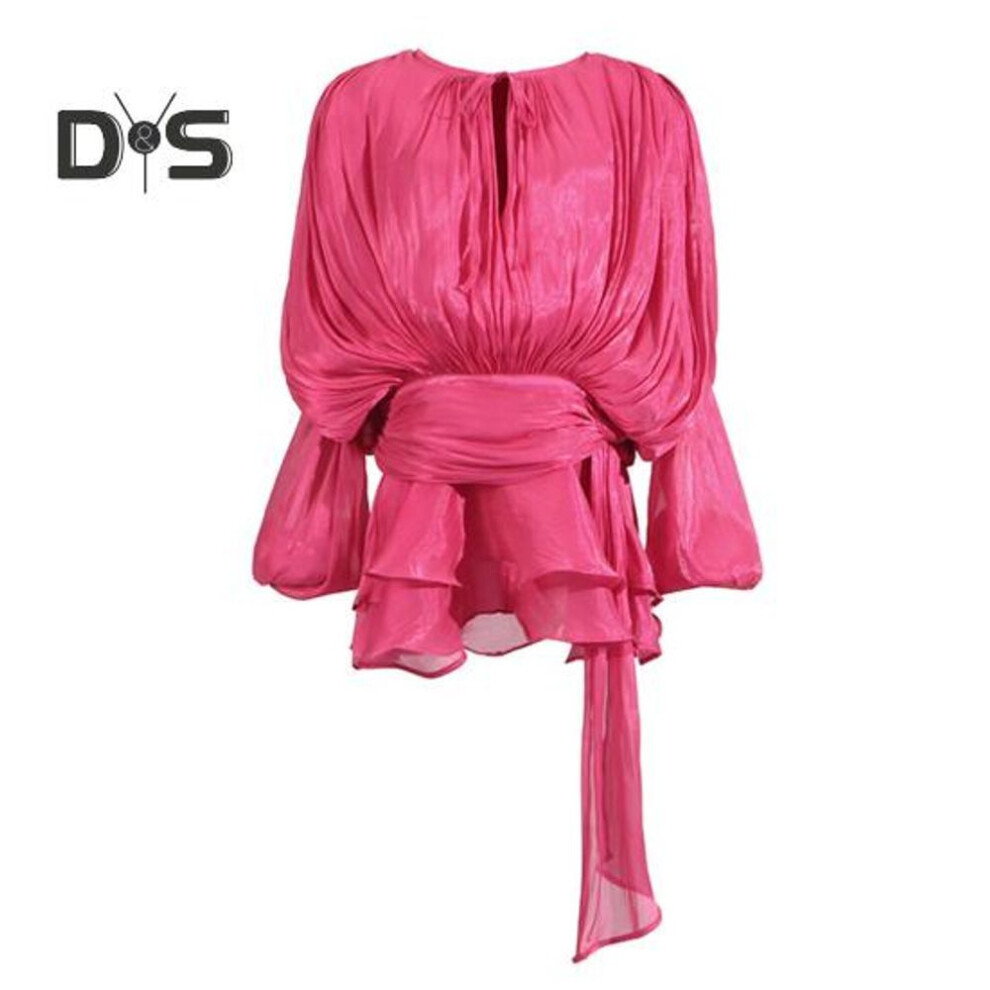 (L, rose red) Women Dress Shirt Round Neck Lace-up Puff Long Sleeve Pullover Tops Zipper Closure Casual Tops Daily Wear