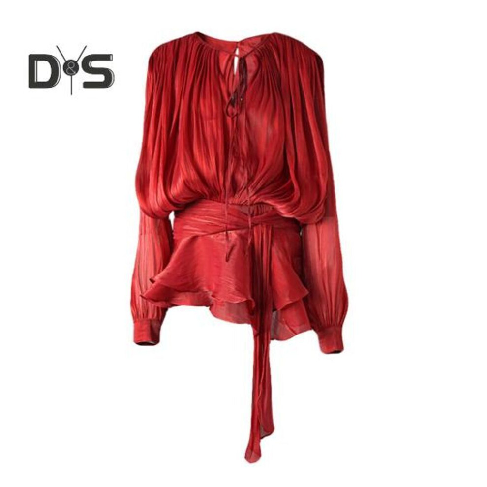 (L, red) Women Dress Shirt Round Neck Lace-up Puff Long Sleeve Pullover Tops Zipper Closure Casual Tops Daily Wear