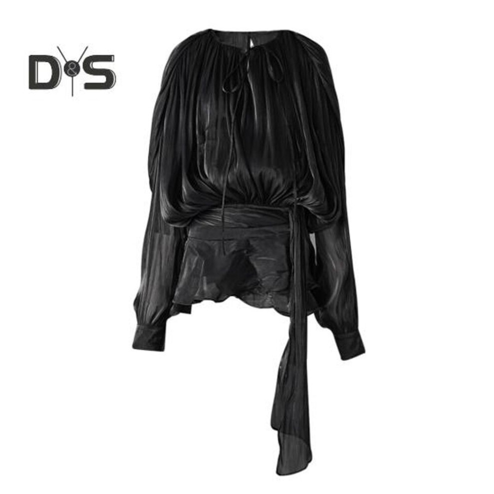 (XL, black) Women Dress Shirt Round Neck Lace-up Puff Long Sleeve Pullover Tops Zipper Closure Casual Tops Daily Wear