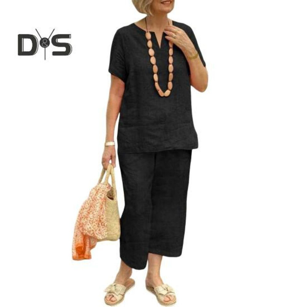 (black, 3XL) Cotton Linen 2-Piece Lounge Set for Women Loose V Neck Short Sleeve Top Matching Wide Leg Pants Set Summer Casual Outfit
