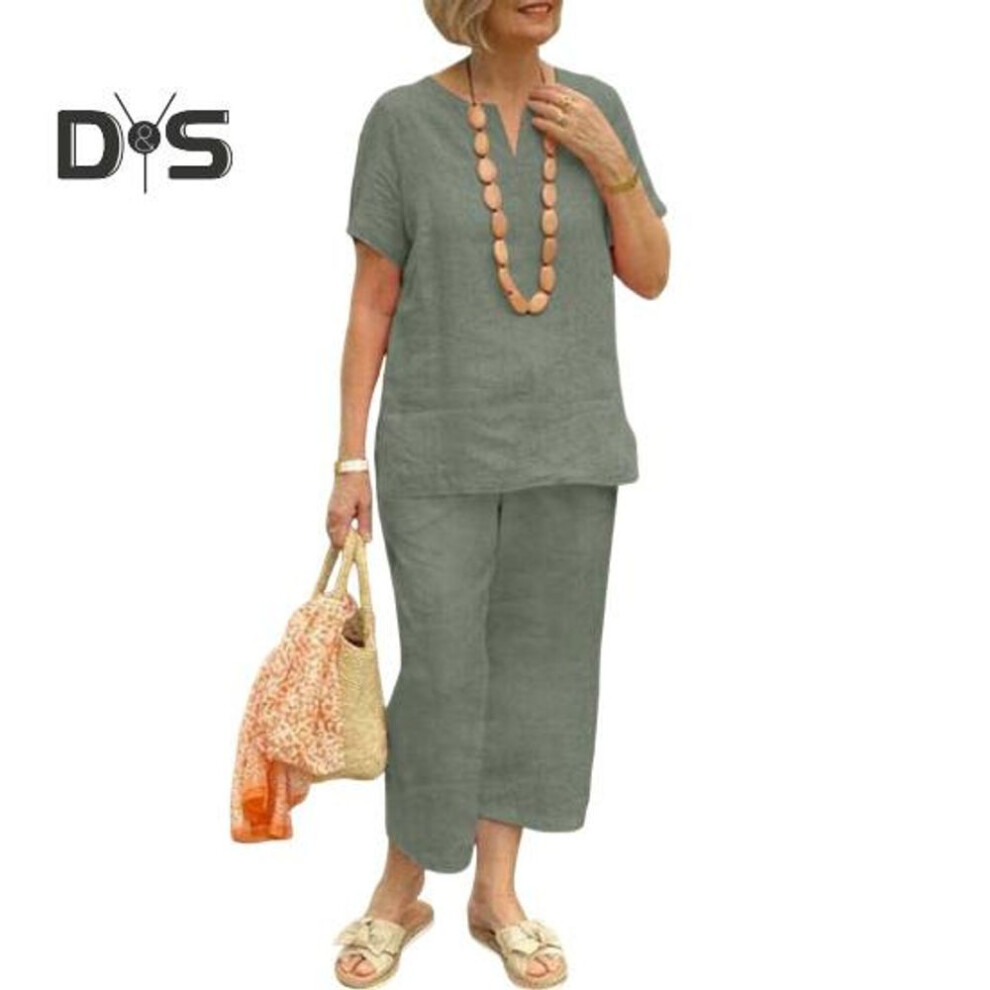 (dark green, M) Cotton Linen 2-Piece Lounge Set for Women Loose V Neck Short Sleeve Top Matching Wide Leg Pants Set Summer Casual Outfit