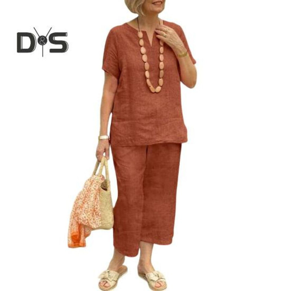 (orange, XL) Cotton Linen 2-piece Lounge Set For Women Loose V Neck Short Sleeve Top Matching Wide Leg Pants Set Summer Casual Outfit