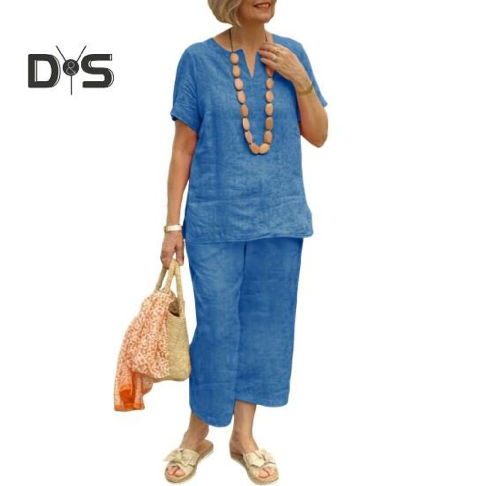 (royal blue, 2XL) Cotton Linen 2-piece Lounge Set For Women Loose V Neck Short Sleeve Top Matching Wide Leg Pants Set Summer Casual Outfit