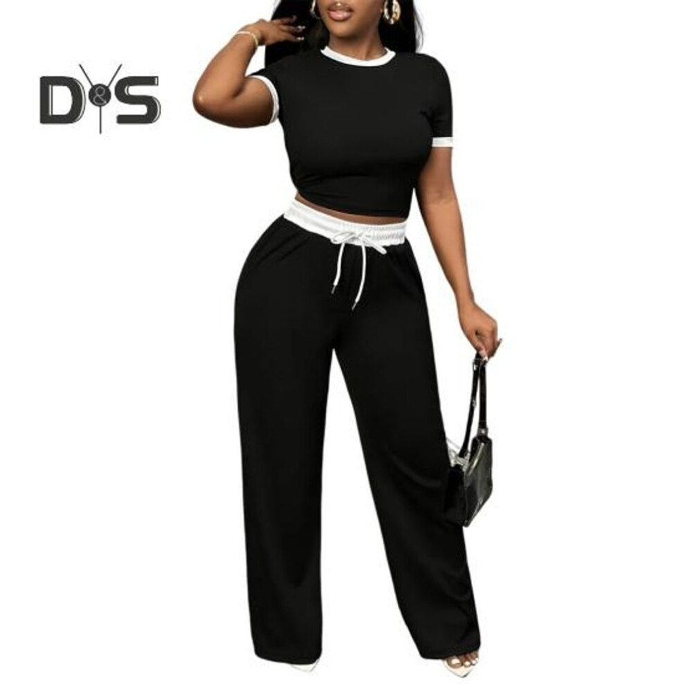 (black, L) Women's Summer 2 Piece Outfit Round Neck Short Sleeve Crop Top Drawstring Wide Leg Pants Set Casual Tracksuit Lounge Set