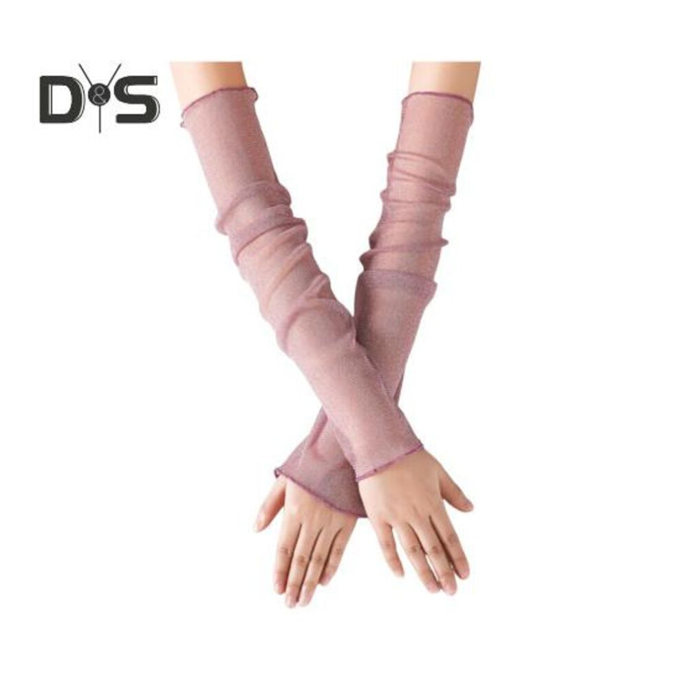 (light pink) Women Sheer Mesh Arm Sleeves Long Ultra-thin Lace Fingerless Gloves UV Sun Protection Cooling Mesh Tulle Sunscreen Sleeves for Outdoors