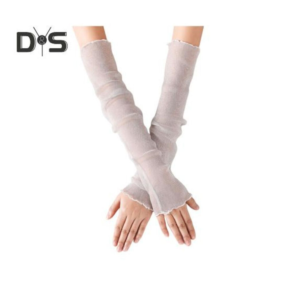 (white) Women Sheer Mesh Arm Sleeves Long Ultra-thin Lace Fingerless Gloves Uv Sun Protection Cooling Mesh Tulle Sunscreen Sleeves For Outdoors