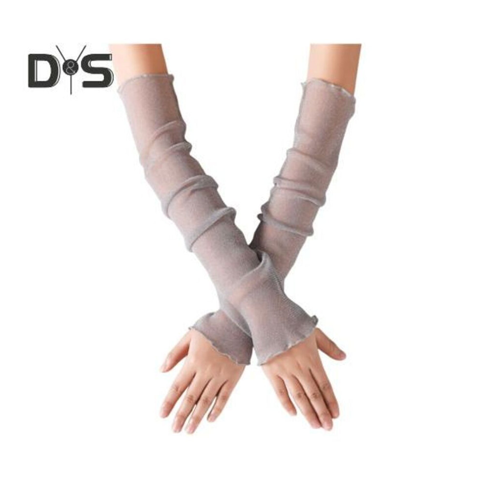 (grey) Women Sheer Mesh Arm Sleeves Long Ultra-thin Lace Fingerless Gloves Uv Sun Protection Cooling Mesh Tulle Sunscreen Sleeves For Outdoors