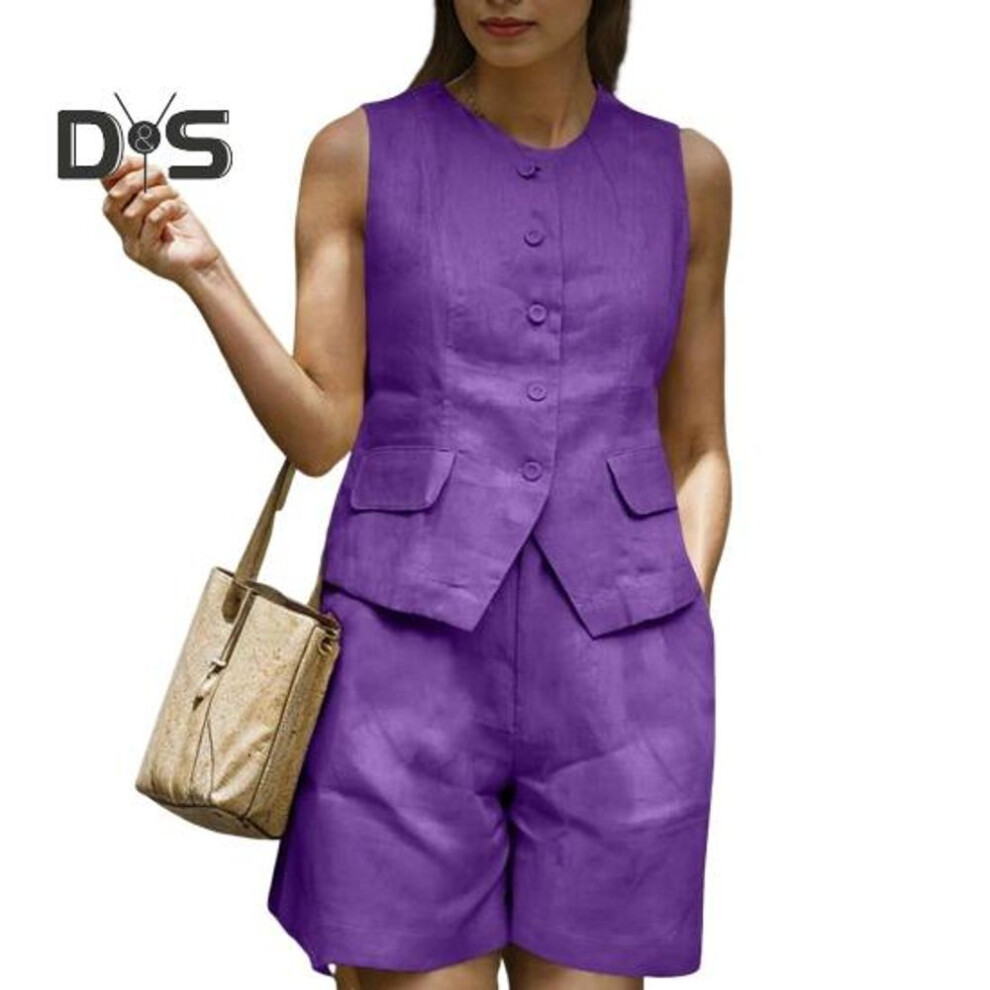 (purple, M) 2Pcs/Set Women Summer Outfit Round Neck Sleeveless Buttons Placket Vest High Waist Shorts Set Commuter Style Formal Wear