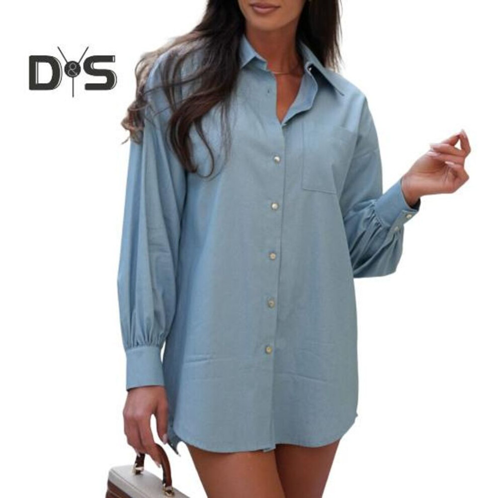 (S, light blue) Women Denim Shirt Lapel Lantern Long Sleeves Single-breasted Chest Pocket Long Style Shirt Daily Wear