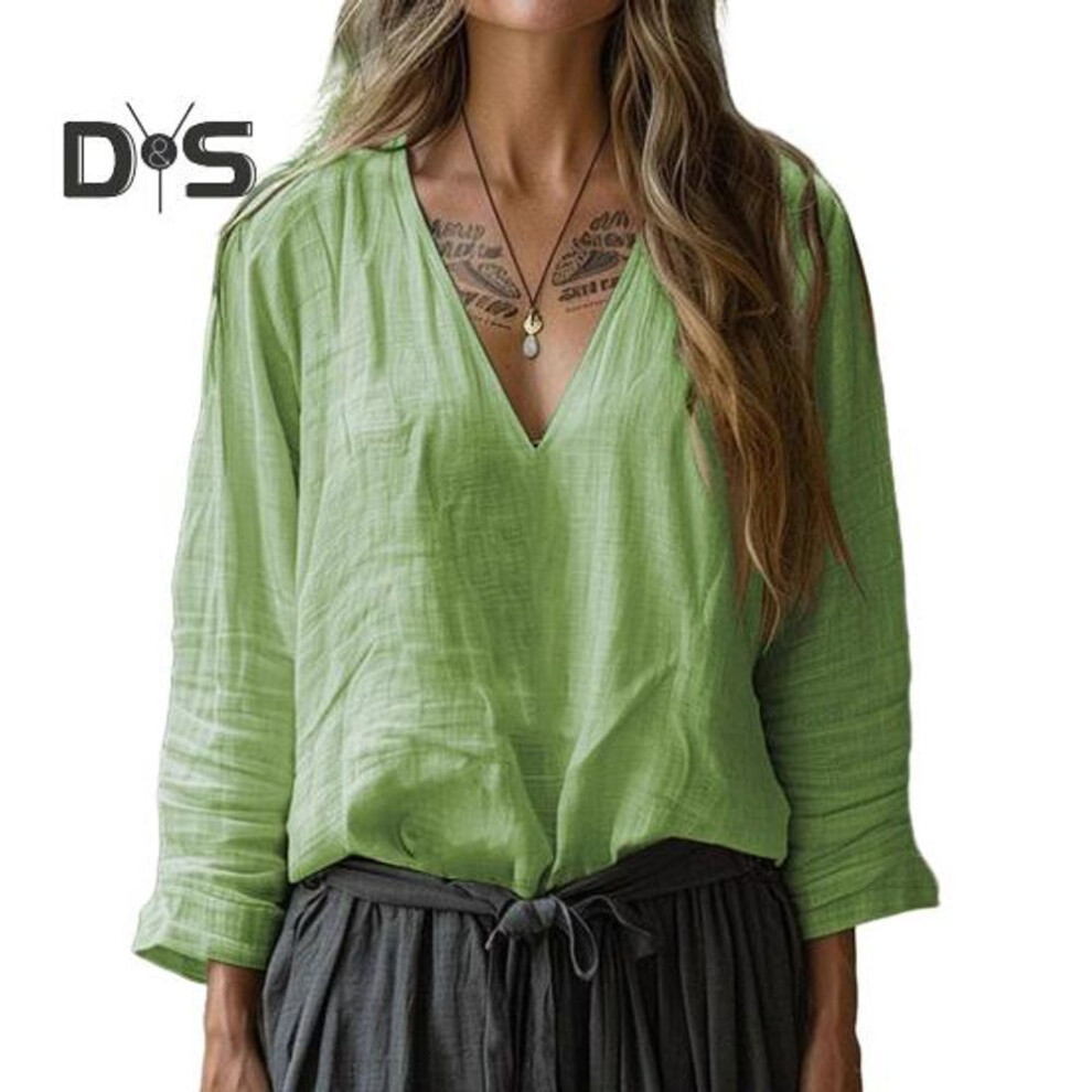 (S, army green) Women Shirt Long Sleeve V-neck Solid Color Casual Loose Fit Tops Versatile Blouse Work Daily Party Wear