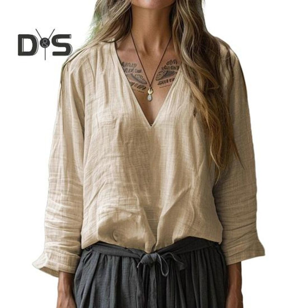 (L, camel) Women Shirt Long Sleeve V-neck Solid Color Casual Loose Fit Tops Versatile Blouse Work Daily Party Wear