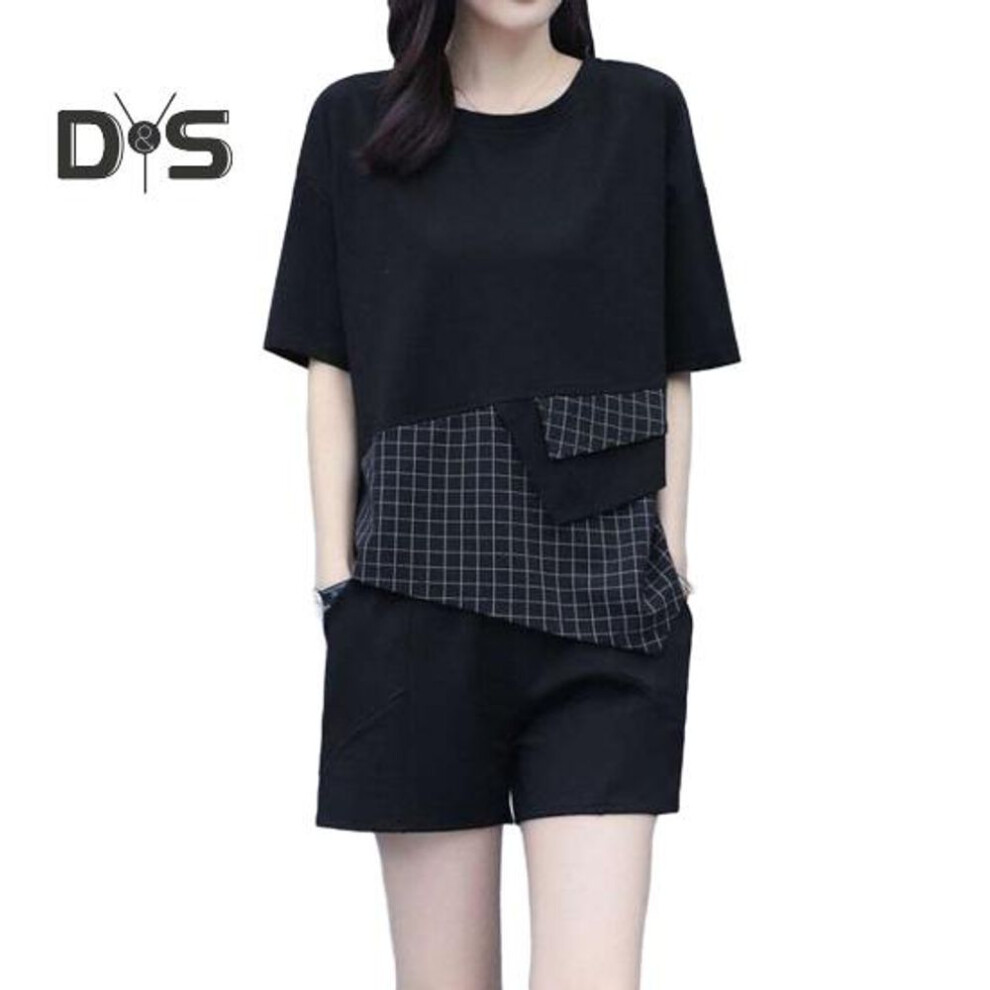(black, L) Women's Summer Two-Piece Outfit Loose Short Sleeve Crew Neck Plaid Design Top Wide Leg Shorts Set Casual Lounge Tracksuit