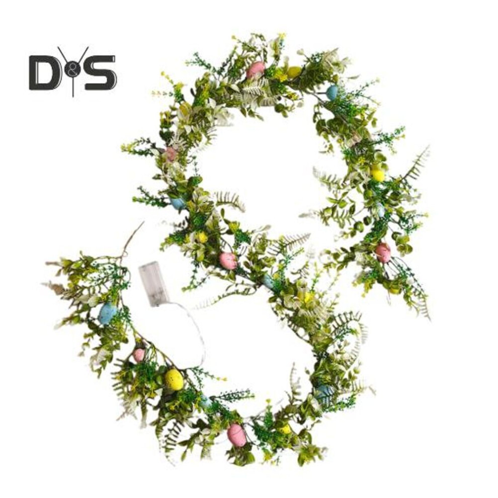 Easter Garland With Led Lights 74.8" Lighted Easter Eggs Wreath Artificial Greenery Garland With Colored Eggs For Front Door Mantel Window Decor