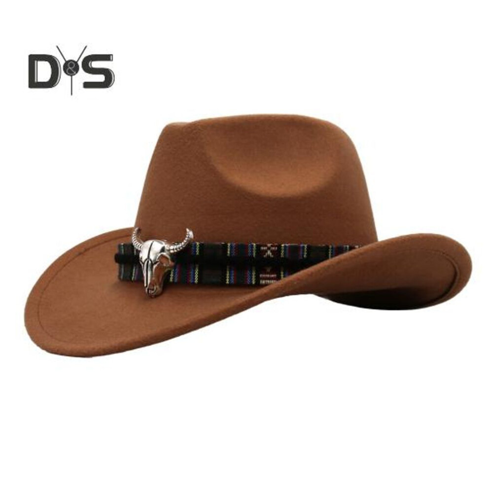 (khaki, M) Western Cowboy Hat for Men Women Wide Brim Sun Protection Fedora Beach Hat Wool Cowgirl Felt Hat with Adjustable Strap