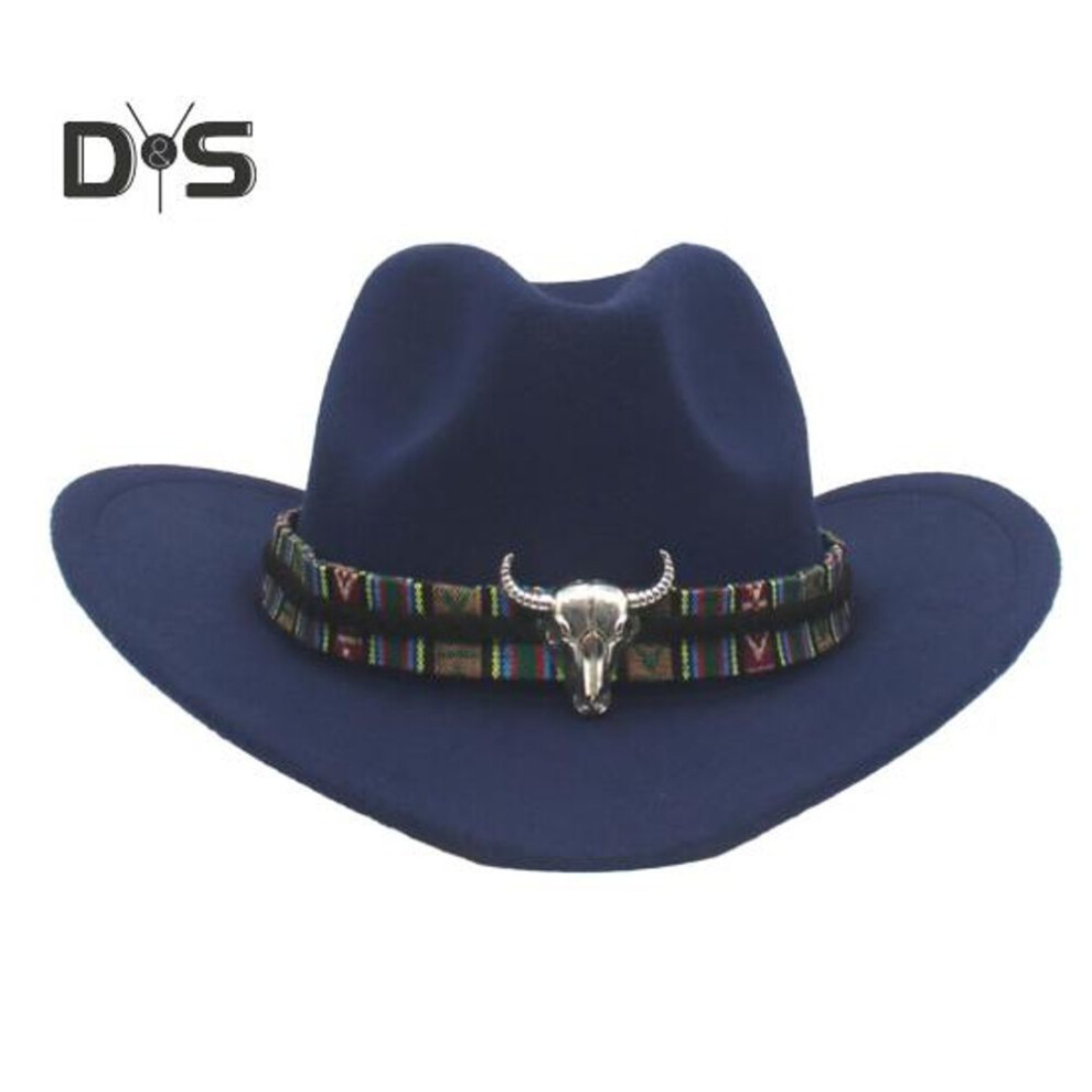 (navy blue, M) Western Cowboy Hat For Men Women Wide Brim Sun Protection Fedora Beach Hat Wool Cowgirl Felt Hat With Adjustable Strap