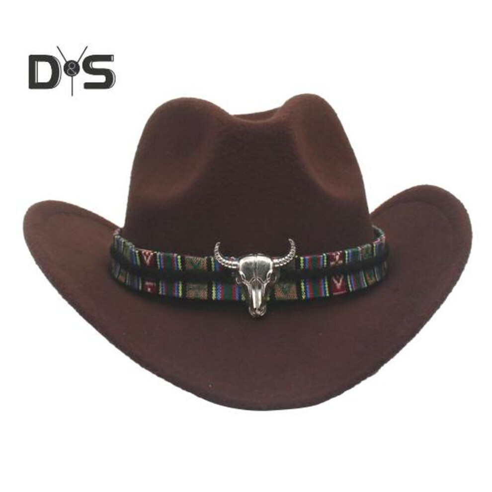 (coffee, M) Western Cowboy Hat for Men Women Wide Brim Sun Protection Fedora Beach Hat Wool Cowgirl Felt Hat with Adjustable Strap