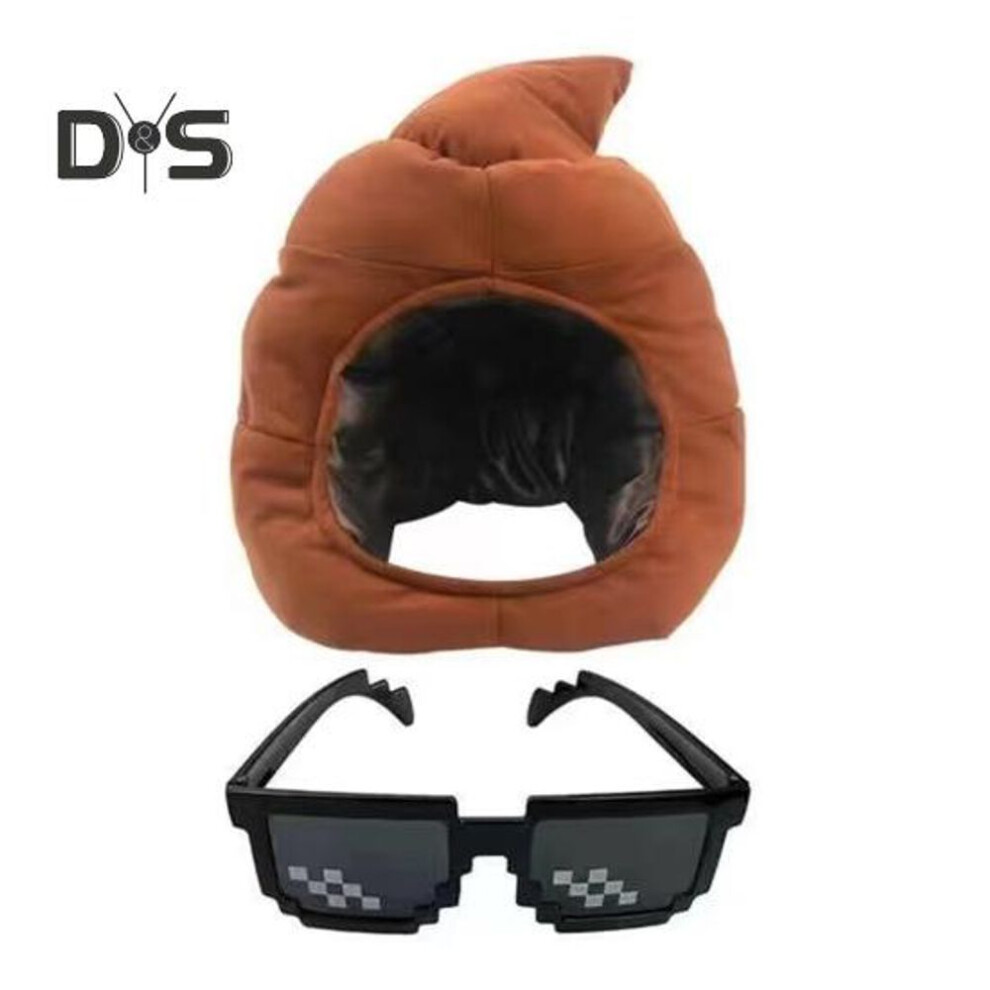 (as the picture, A) 1 Set Poop Head Cover Cartoon Poop Hat with Necklace Sunglasses Winter Warm Oddball Cap for Daily Wear Prank Gift Photo Booth Props