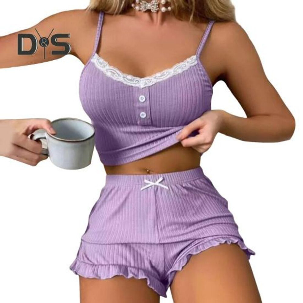 (M, purple) Women's Sexy 2 Piece Pajama Set Ribbed Lace Trim Button Cami Top Ruffle Hem Shorts Sleepwear Set Summer Casual Loungewear