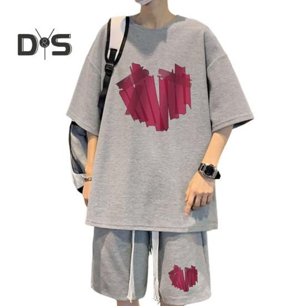 (grey, XL) 2Pcs/Set Men Summer Outfit Round Neck Short Sleeve Tops Wide Leg Shorts Set Heart Pattern Loose Fit Tracksuit